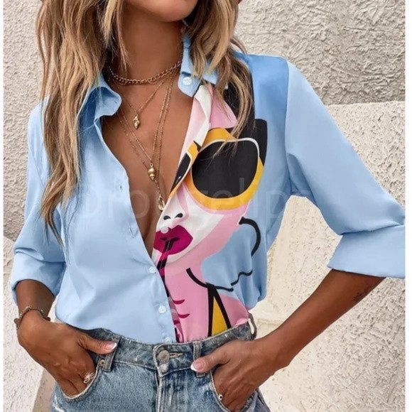 Monarch Fashion Tops - Abstract Pop Art Face Blue Shirt